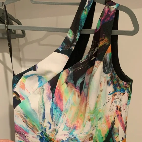 Black Halo One Shoulder Abstract Multicolored Floral Midi Dress w/ Side Slit. - Picture 3 of 5